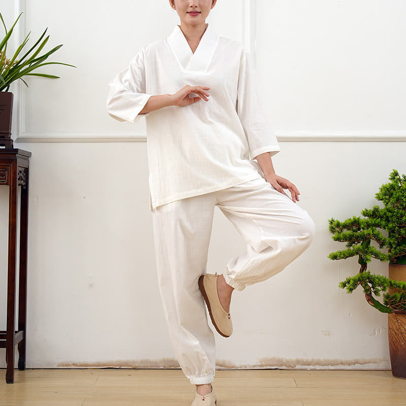 Buddha Stones柄 Vネック 七分袖 シャツ トップス パンツ 瞑想 禅 太極拳 服装 レディース セット 2点セット - image 22