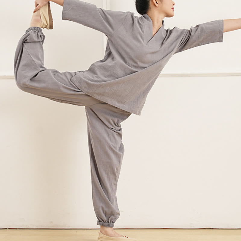 Buddha Stones柄 Vネック 七分袖 シャツ トップス パンツ 瞑想 禅 太極拳 服装 レディース セット 2点セット - image 2