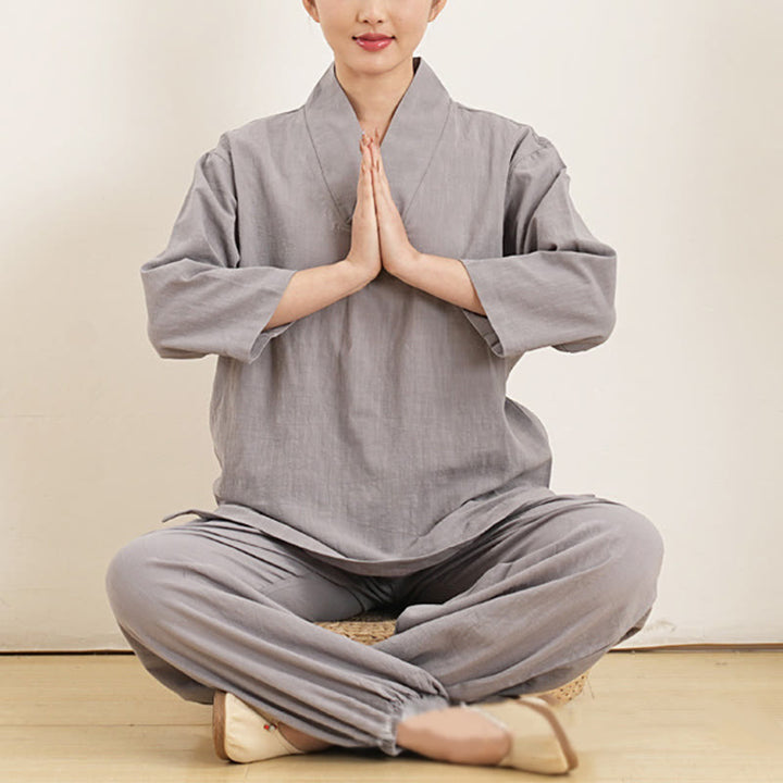 Buddha Stones柄 Vネック 七分袖 シャツ トップス パンツ 瞑想 禅 太極拳 服装 レディース セット 2点セット - image 6