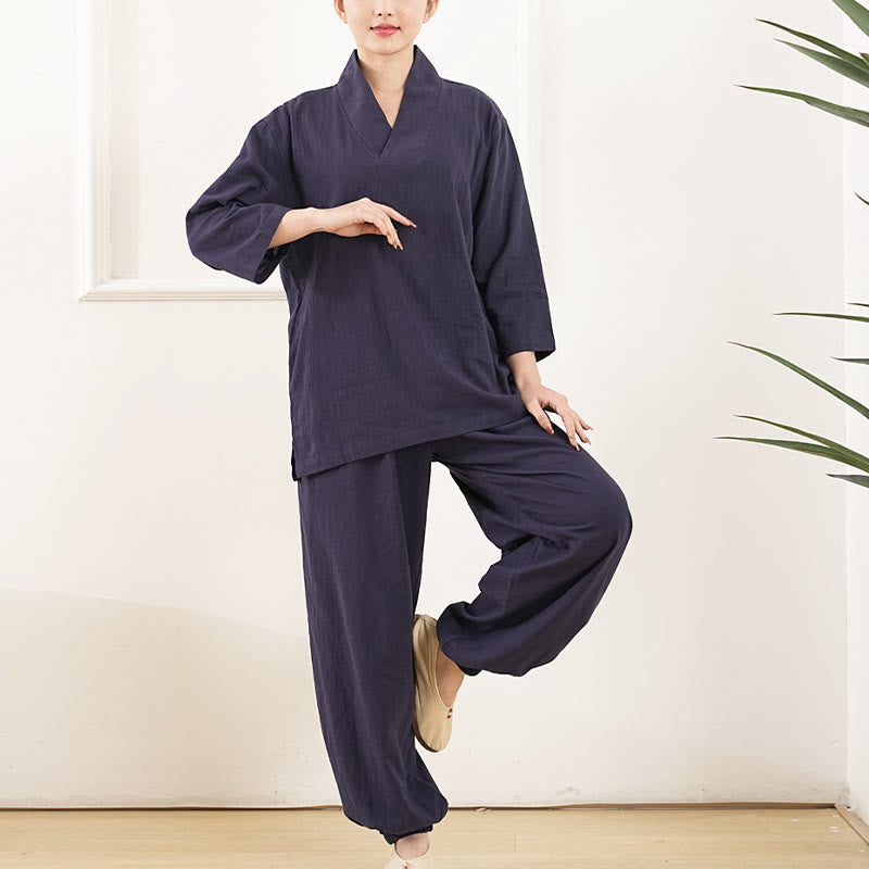 Buddha Stones柄 Vネック 七分袖 シャツ トップス パンツ 瞑想 禅 太極拳 服装 レディース セット 2点セット - image 11