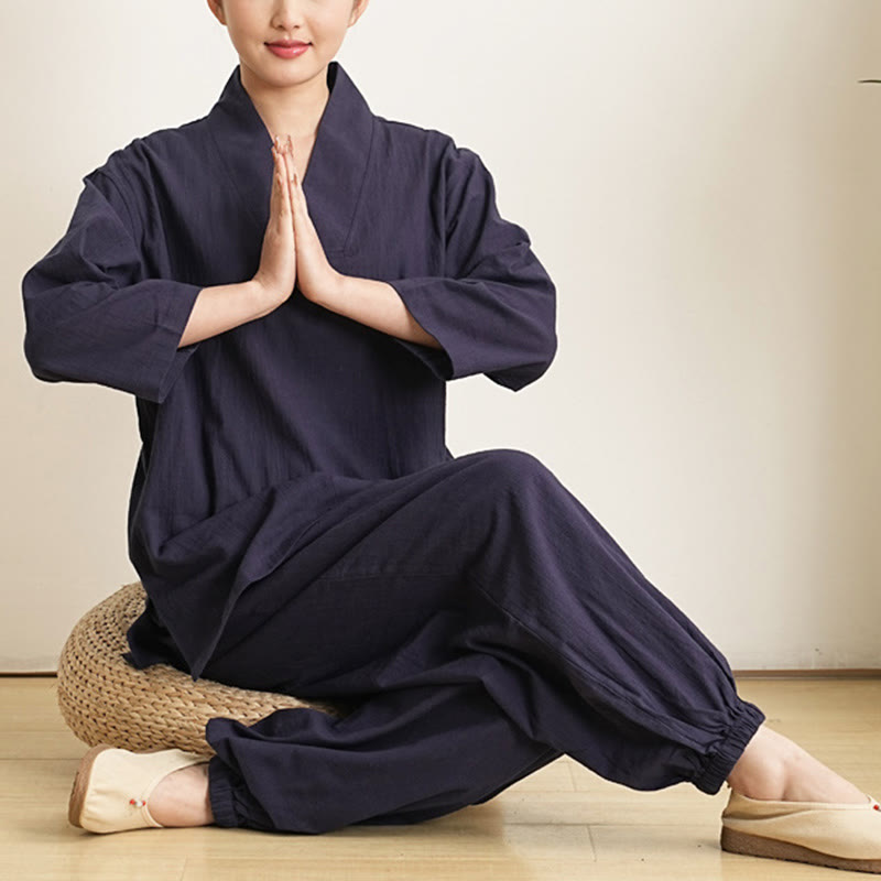 Buddha Stones柄 Vネック 七分袖 シャツ トップス パンツ 瞑想 禅 太極拳 服装 レディース セット 2点セット - image 12
