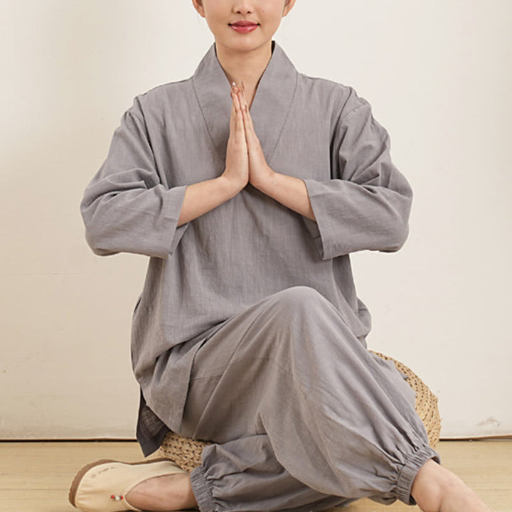 Buddha Stones柄 Vネック 七分袖 シャツ トップス パンツ 瞑想 禅 太極拳 服装 レディース セット 2点セット - image 1