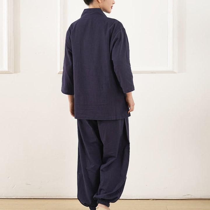 Buddha Stones柄 Vネック 七分袖 シャツ トップス パンツ 瞑想 禅 太極拳 服装 レディース セット 2点セット - image 10