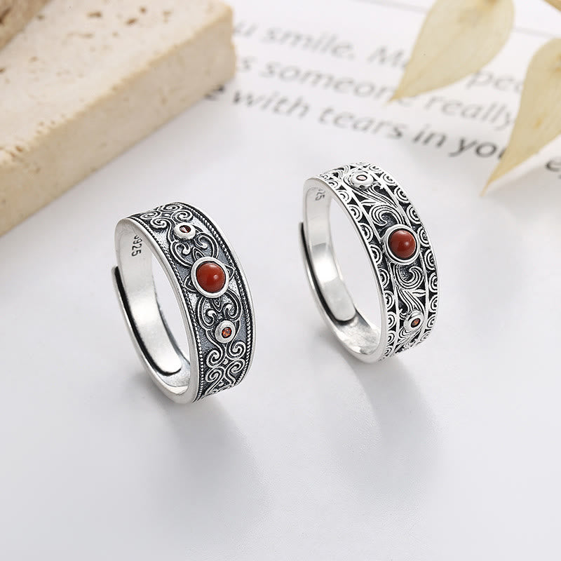 Buddha Stones925スターリングシルバー埋め込みレッドアゲート縁起の良い雲の論理的思考リング - image 0