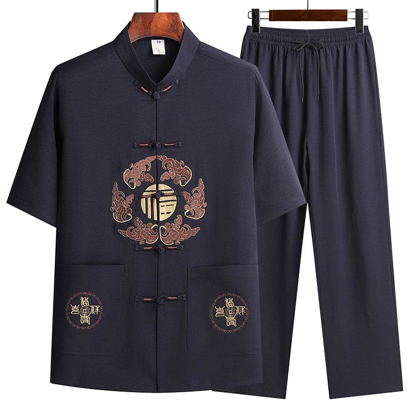 Buddha Stonesフーキャラクター唐装漢服伝統制服半袖トップスパンツ衣類メンズセット - ネイビーブルー（トップス＆パンツ） - US/UK/AU42、 EU52 (3XL)  - image 18
