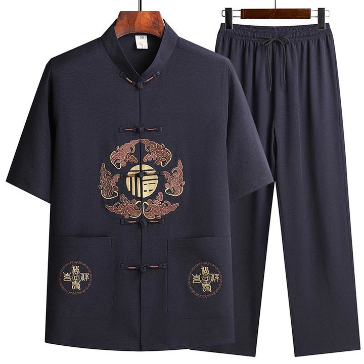 Buddha Stonesフーキャラクター唐装漢服伝統制服半袖トップスパンツ衣類メンズセット - ネイビーブルー（トップス＆パンツ） - US/UK/AU42、 EU52 (3XL)  - image 18