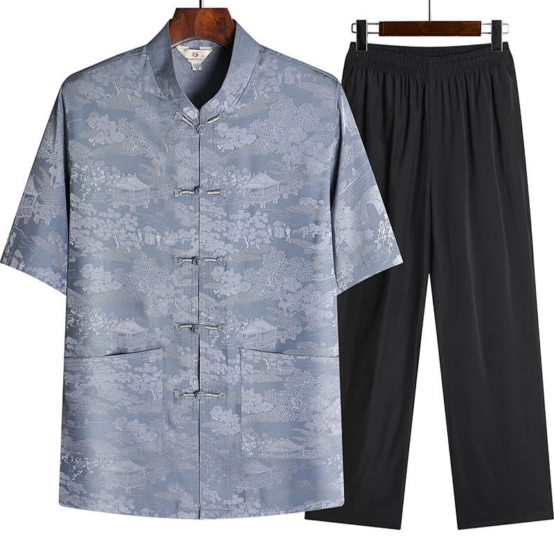 Buddha Stones松の木 パビリオン ガーデン 唐装 漢服 伝統制服 半袖 トップス パンツ 衣類 メンズ セット - グレー - トップス＆パンツ - US/UK/AU44、 EU54 (4XL) - image 0