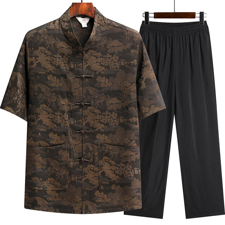 Buddha Stones松の木 パビリオン ガーデン 唐装 漢服 伝統制服 半袖 トップス パンツ 衣類 メンズ セット - 茶色 - トップス＆パンツ - US/UK/AU44、 EU54 (4XL) - image 2