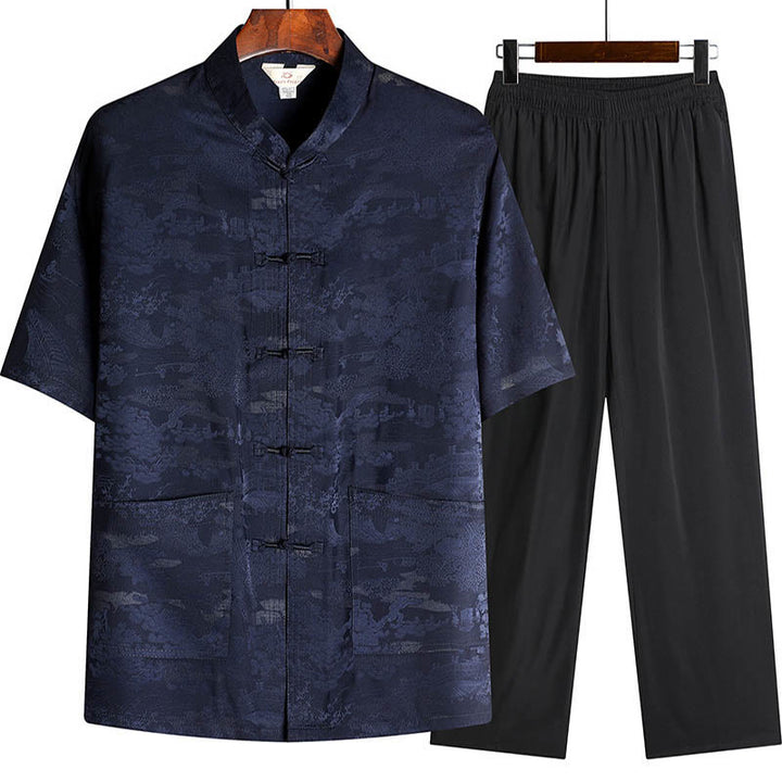 Buddha Stones松の木 パビリオン ガーデン 唐装 漢服 伝統制服 半袖 トップス パンツ 衣類 メンズ セット - ネイビーブルー - トップス＆パンツ - US/UK/AU44、 EU54 (4XL) - image 9