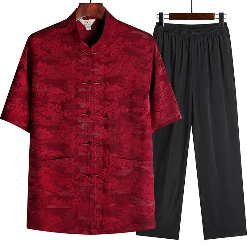 Buddha Stones松の木 パビリオン ガーデン 唐装 漢服 伝統制服 半袖 トップス パンツ 衣類 メンズ セット - 赤 - トップス＆パンツ - US/UK/AU44、 EU54 (4XL) - image 11