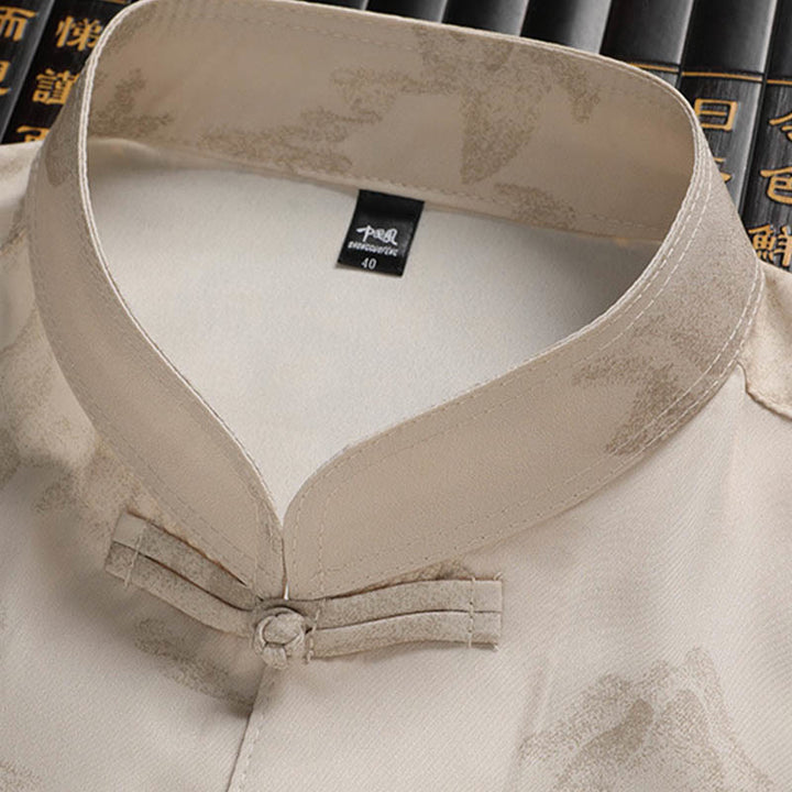 Buddha Stones、山、木​​々、唐装、漢服、伝統制服、半袖、トップス、パンツ、衣類、メンズセット - image 3