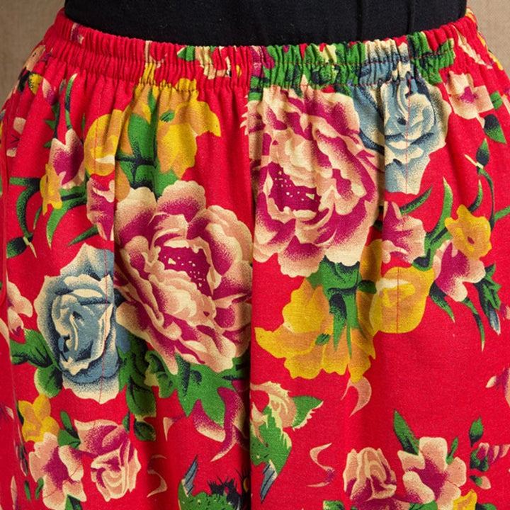 Buddha Stonesエスニックスタイル レッドグリーンフラワープリント ポケット付きハーレムパンツ - image 5