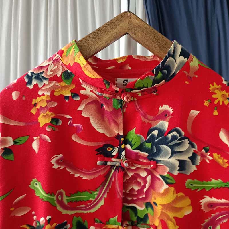 Buddha Stonesエスニックレッドフラワー牡丹カエルボタンコットンリネン長袖シャツジャケットポケット付き - image 6