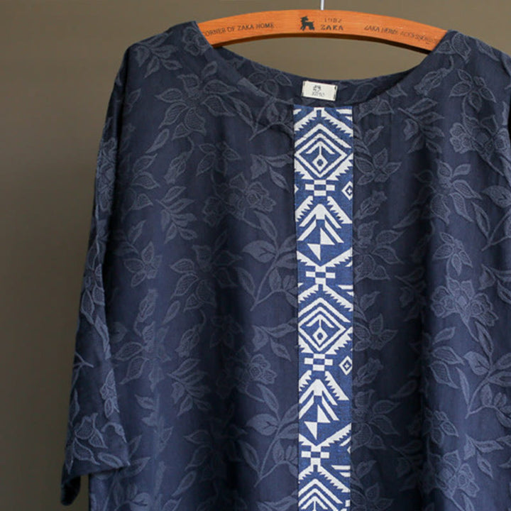 Buddha Stonesブルーフラワー 刺繍 ジャカード ミディドレス 七分袖 コットンドレス ポケット付き