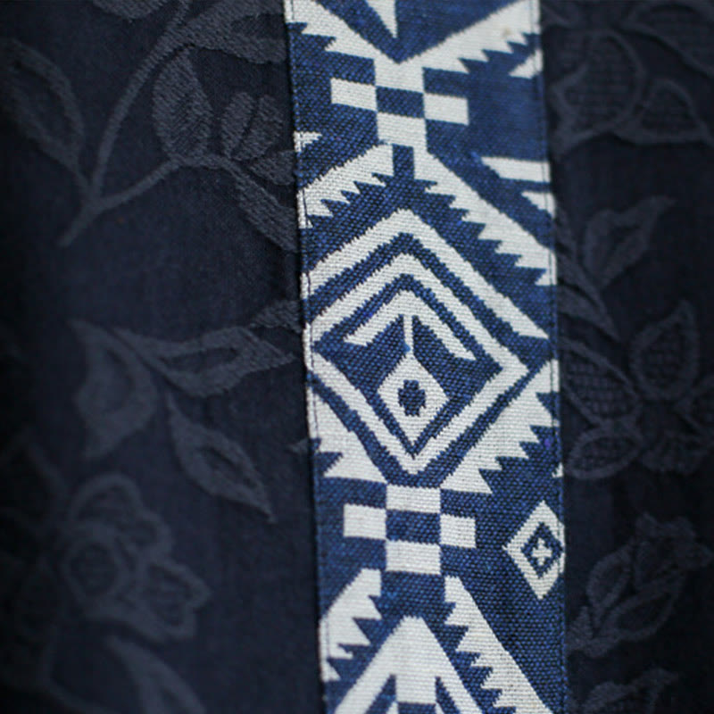 Buddha Stonesブルーフラワー 刺繍 ジャカード ミディドレス 七分袖 コットンドレス ポケット付き
