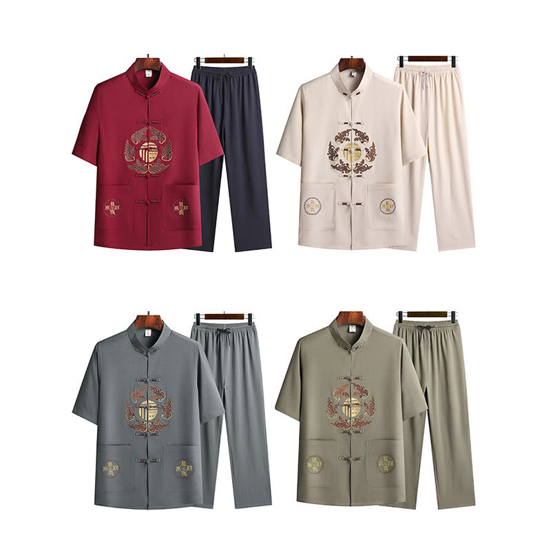 Buddha Stonesフーキャラクター唐装漢服伝統制服半袖トップスパンツ衣類メンズセット - image 1