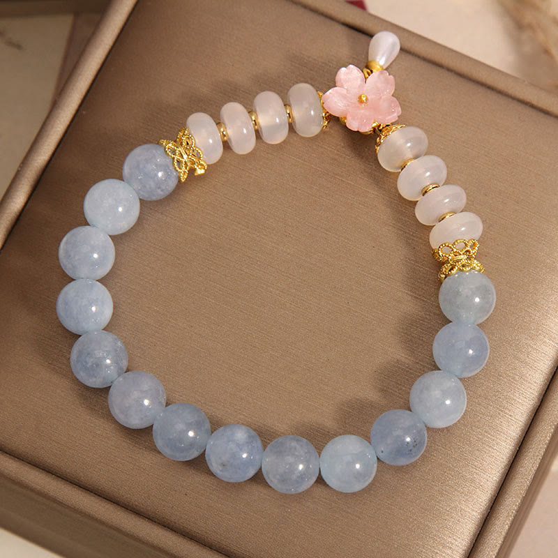Buddha Stonesアクアマリン ホワイトアゲート パール そろばんビーズ フラワーヒーリングブレスレット