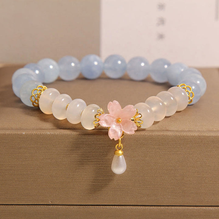 Buddha Stonesアクアマリン ホワイトアゲート パール そろばんビーズ フラワーヒーリングブレスレット
