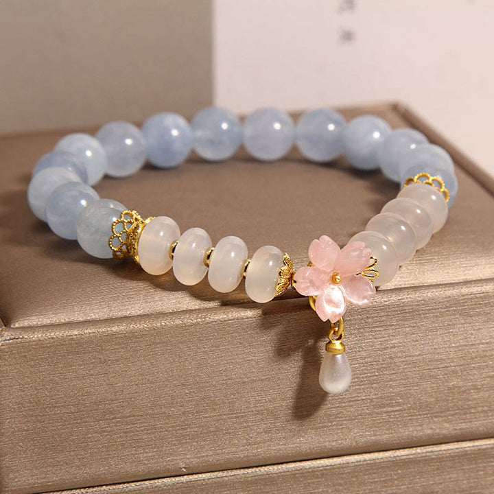 Buddha Stonesアクアマリン ホワイトアゲート パール そろばんビーズ フラワーヒーリングブレスレット