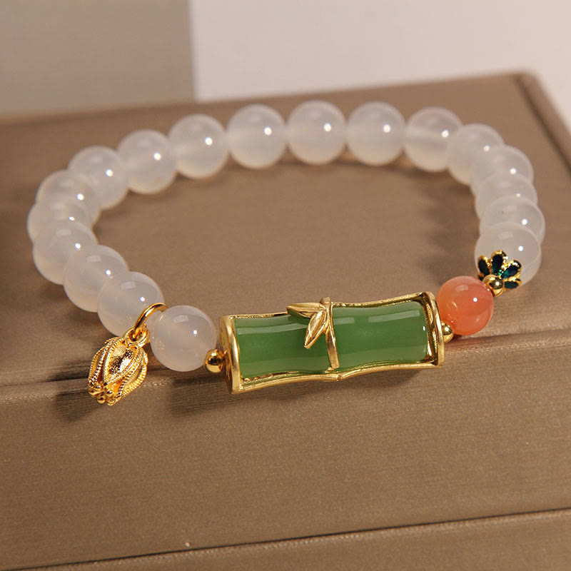 Buddha Stones天然白瑪瑙 翡翠 竹ビーズ ポジティブブレスレット