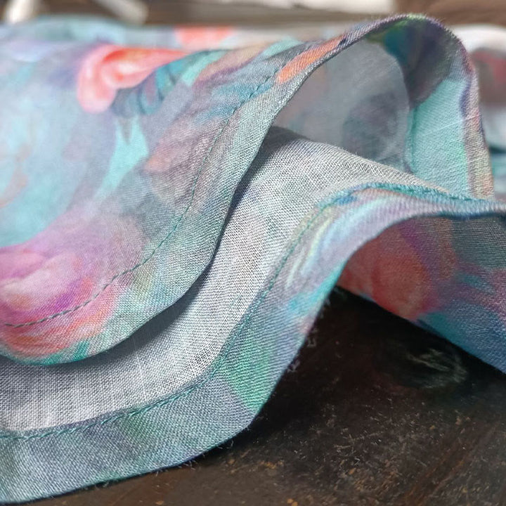 Buddha Stones、ピンクの花、緑の葉のプリント、カエルボタンデザイン、長袖ラミーリネンジャケットシャツ - image 15