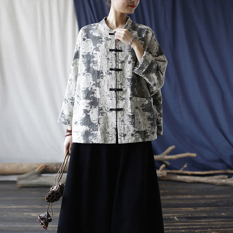 Buddha Stonesブラックグレープリント カエルボタンデザイン 長袖 コットンリネン ジャケット シャツ ポケット付き - image 34