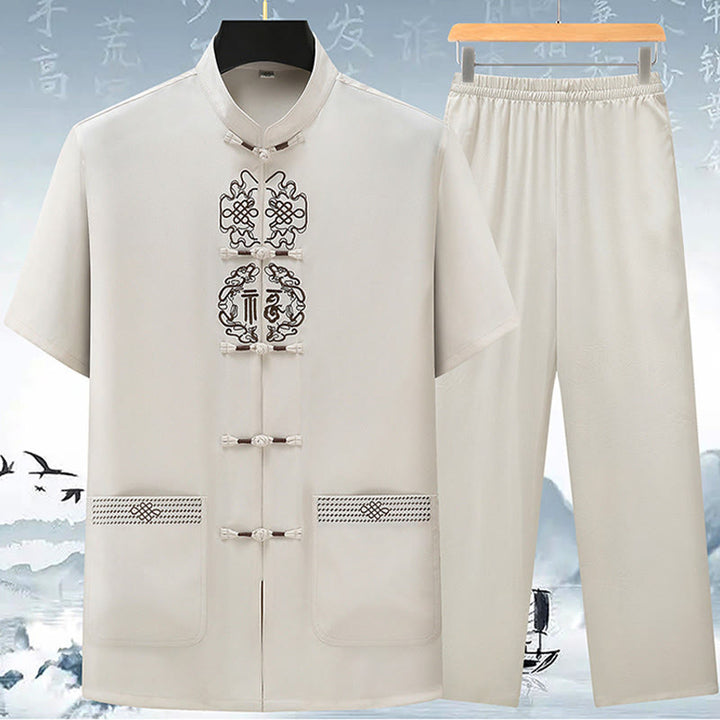 Buddha Stonesフーキャラクター中国結び刺繍唐装伝統的な半袖トップスパンツ服メンズセット - ベージュ(トップス&パンツ) - US/UK/AU42、 EU52 (3XL) - image 0
