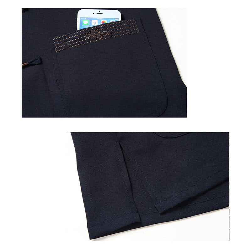 Buddha Stonesフーキャラクター中国結び刺繍唐装伝統的な半袖トップスパンツ服メンズセット - image 15