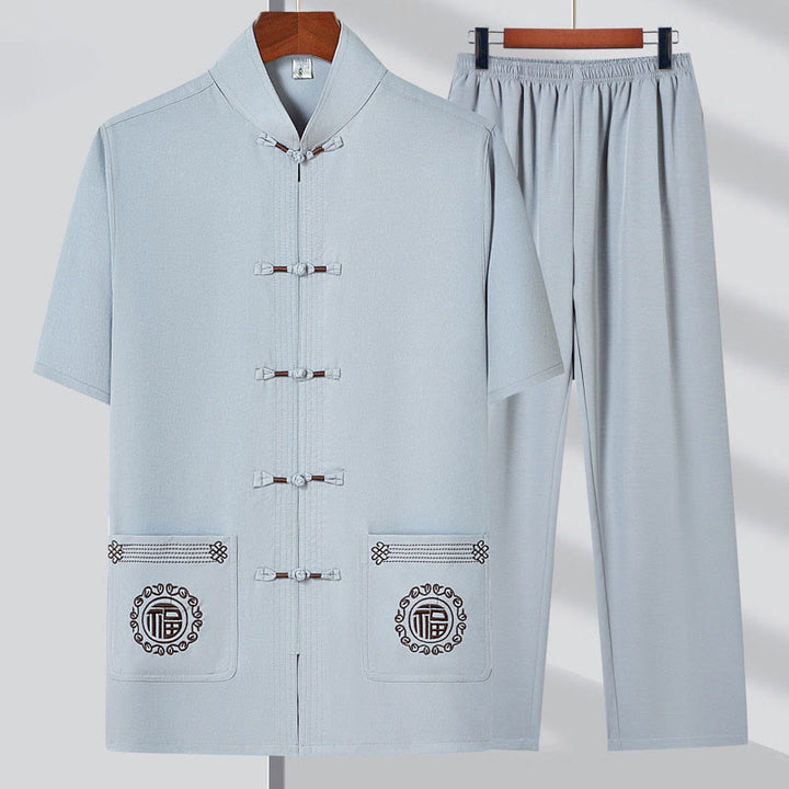 Buddha Stonesフーキャラクター刺繍唐装伝統的なカエルボタン半袖トップスパンツ服メンズセット