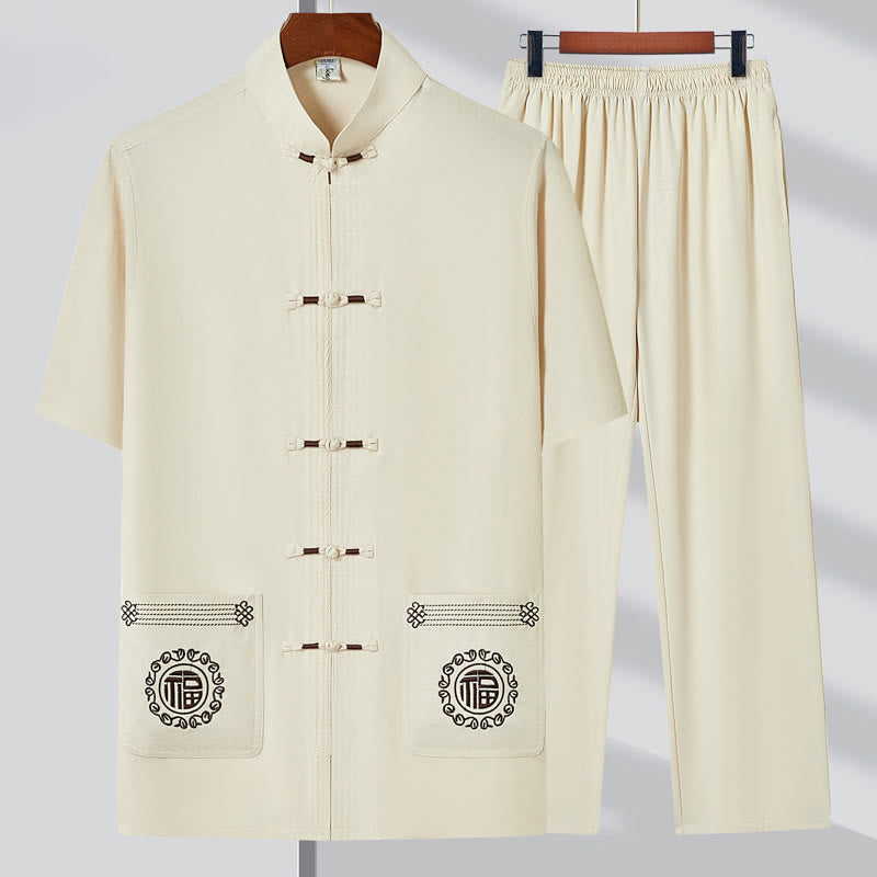 Buddha Stonesフーキャラクター刺繍唐装伝統的なカエルボタン半袖トップスパンツ服メンズセット - ベージュ（トップス＆パンツ） - US/UK/AU44、 EU54 (4XL) - image 2