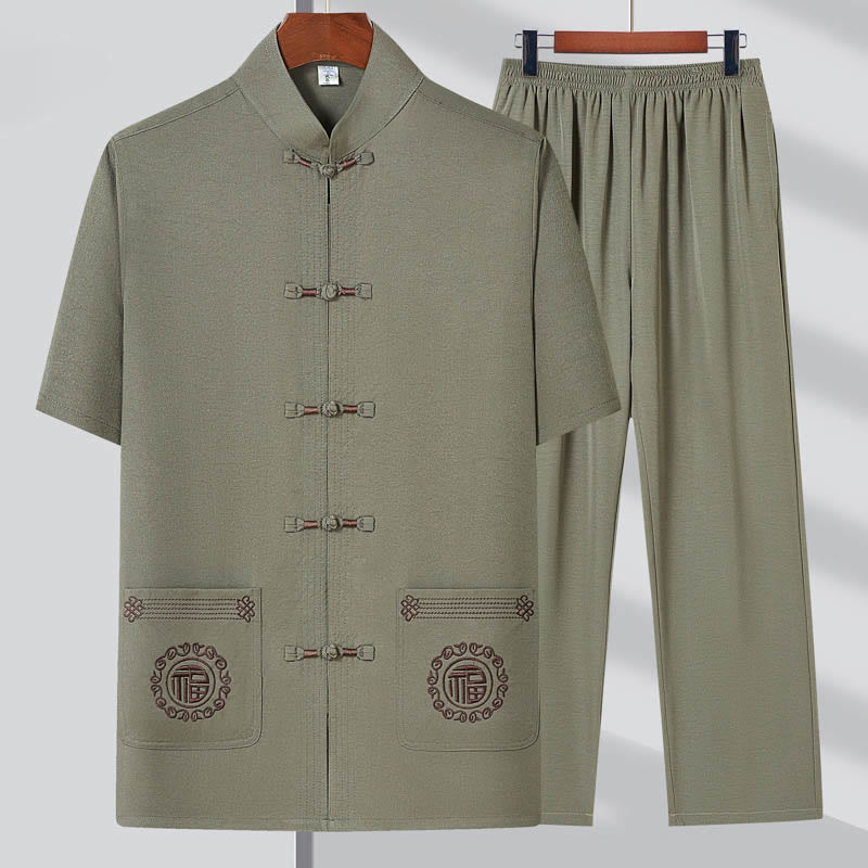 Buddha Stonesフーキャラクター刺繍唐装伝統的なカエルボタン半袖トップスパンツ服メンズセット - ライトグリーン（トップス＆パンツ） - US/UK/AU44、 EU54 (4XL) - image 0