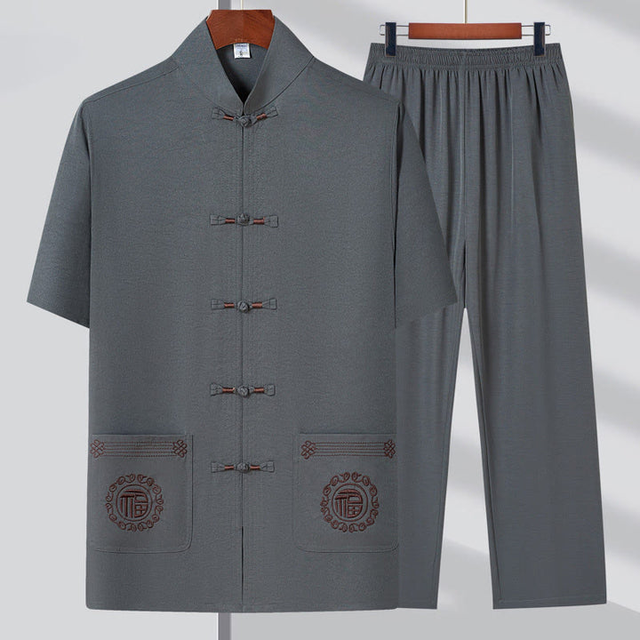 Buddha Stonesフーキャラクター刺繍唐装伝統的なカエルボタン半袖トップスパンツ服メンズセット
