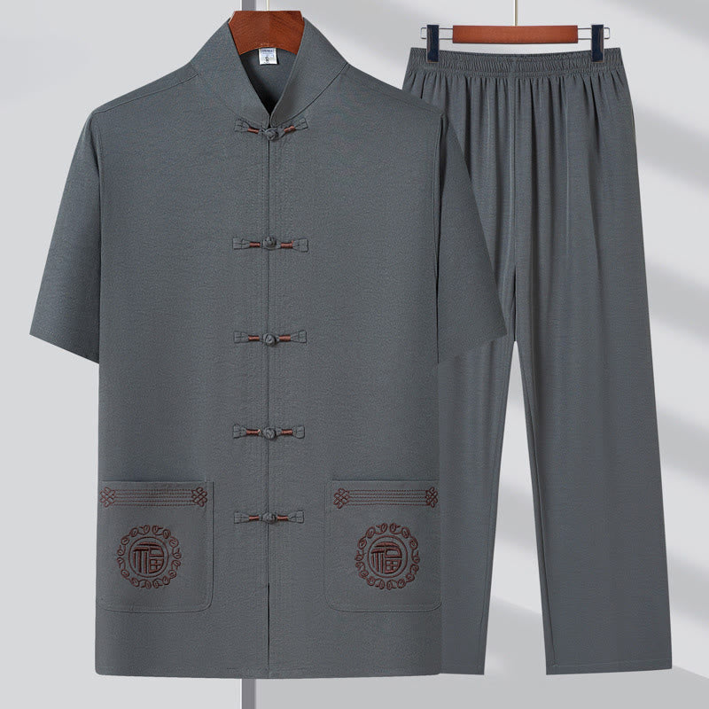 Buddha Stonesフーキャラクター刺繍唐装伝統的なカエルボタン半袖トップスパンツ服メンズセット - グレー（トップス＆パンツ） - US/UK/AU44、 EU54 (4XL) - image 3