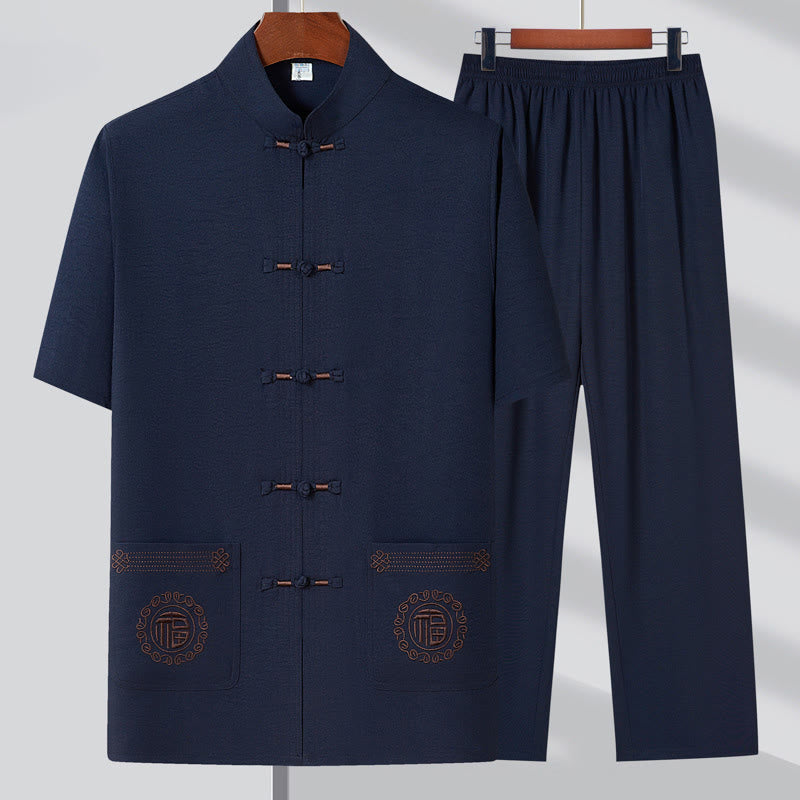 Buddha Stonesフーキャラクター刺繍唐装伝統的なカエルボタン半袖トップスパンツ服メンズセット - ダークブルー（トップス＆パンツ） - US/UK/AU44、 EU54 (4XL) - image 1