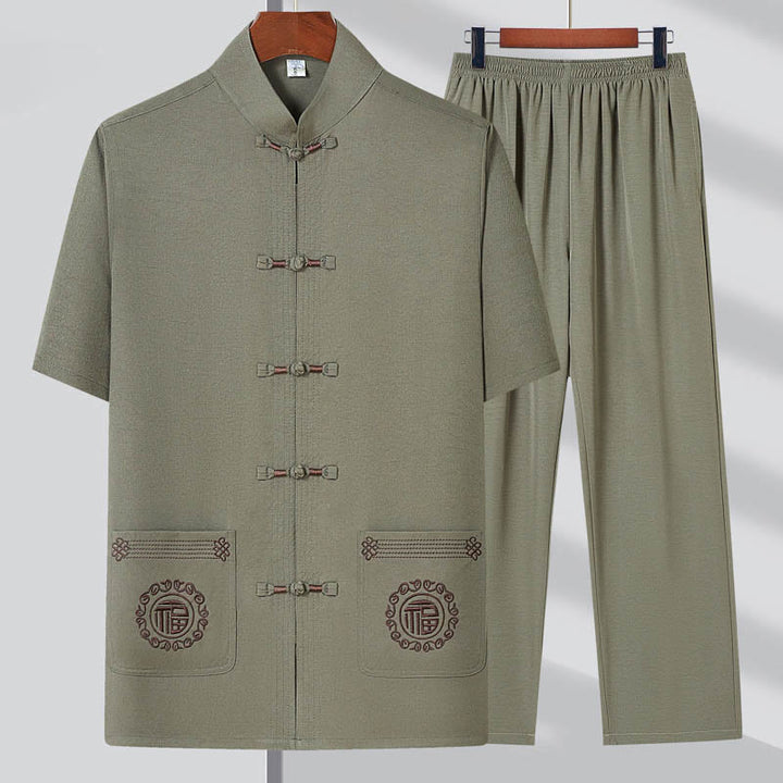 Buddha Stonesフーキャラクター刺繍唐装伝統的なカエルボタン半袖トップスパンツ服メンズセット