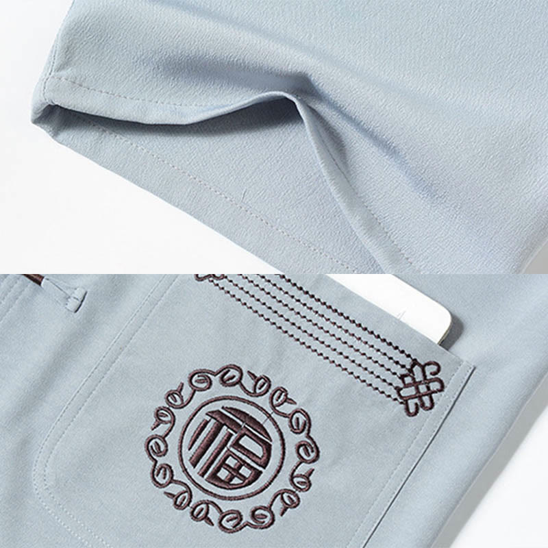 Buddha Stonesフーキャラクター刺繍唐装伝統的なカエルボタン半袖トップスパンツ服メンズセット