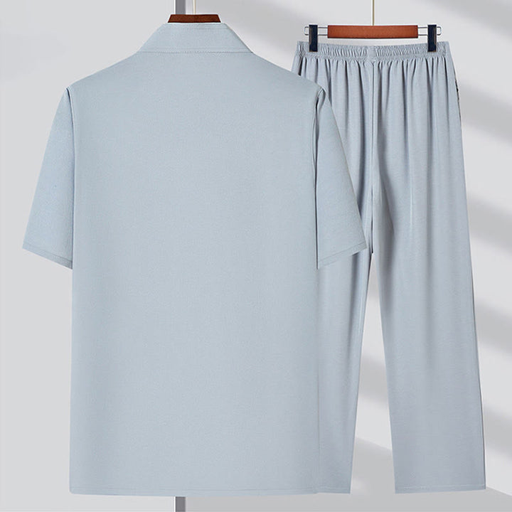 Buddha Stonesフーキャラクター刺繍唐装伝統的なカエルボタン半袖トップスパンツ服メンズセット - image 6