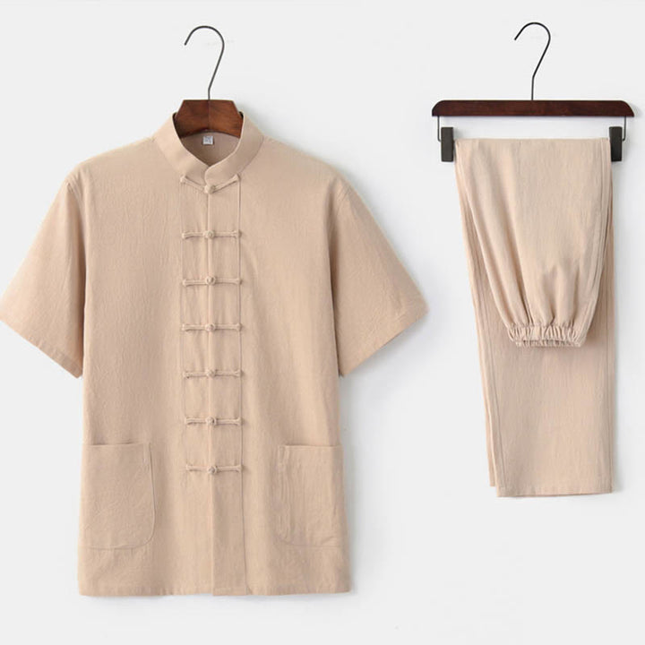 Buddha Stones無地 カエルボタン 唐装 伝統的 コットン リネン 半袖 トップス パンツ 衣類 メンズ セット - ベージュ(トップス&パンツ) - US/UK/AU44、 EU54 (4XL)  - image 8