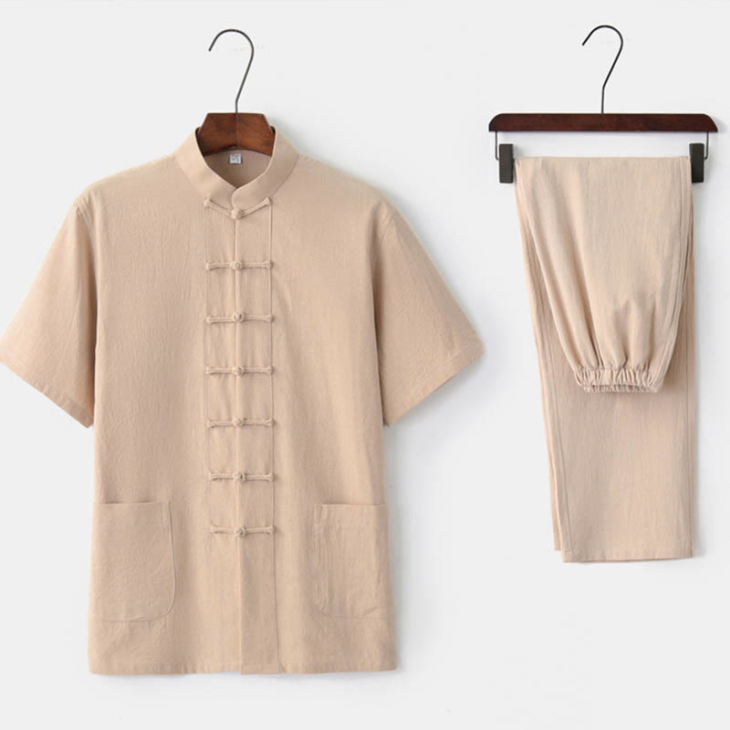 Buddha Stones無地カエルボタン唐装 伝統的な綿麻半袖トップス・パンツ メンズ服セット - ベージュ（トップス＆パンツ） - US/UK/AU44、 EU54 (4XL)  - image 8