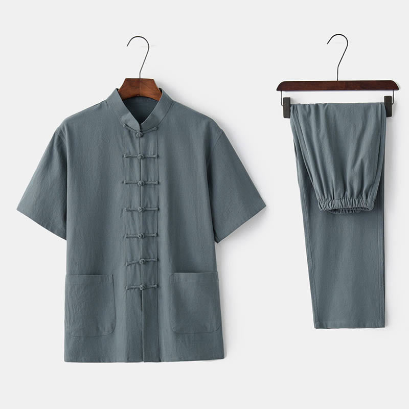 Buddha Stones無地カエルボタン唐装 伝統的な綿麻半袖トップス・パンツ メンズ服セット - グレーグリーン（トップス＆パンツ） - US/UK/AU44、 EU54 (4XL)  - image 0