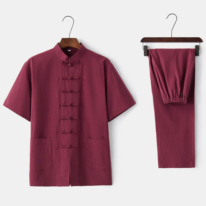 Buddha Stones無地カエルボタン唐装 伝統的な綿麻半袖トップス・パンツ メンズ服セット - 赤（トップス＆パンツ） - US/UK/AU44、 EU54 (4XL)  - image 9