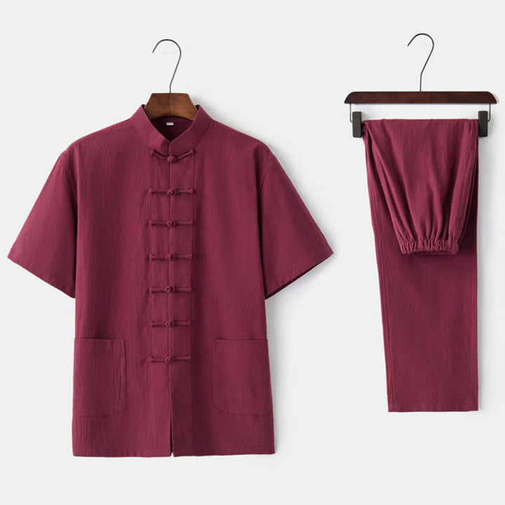 Buddha Stones無地カエルボタン唐装 伝統的な綿麻半袖トップス・パンツ メンズ服セット - 赤（トップス＆パンツ） - US/UK/AU44、 EU54 (4XL)  - image 9