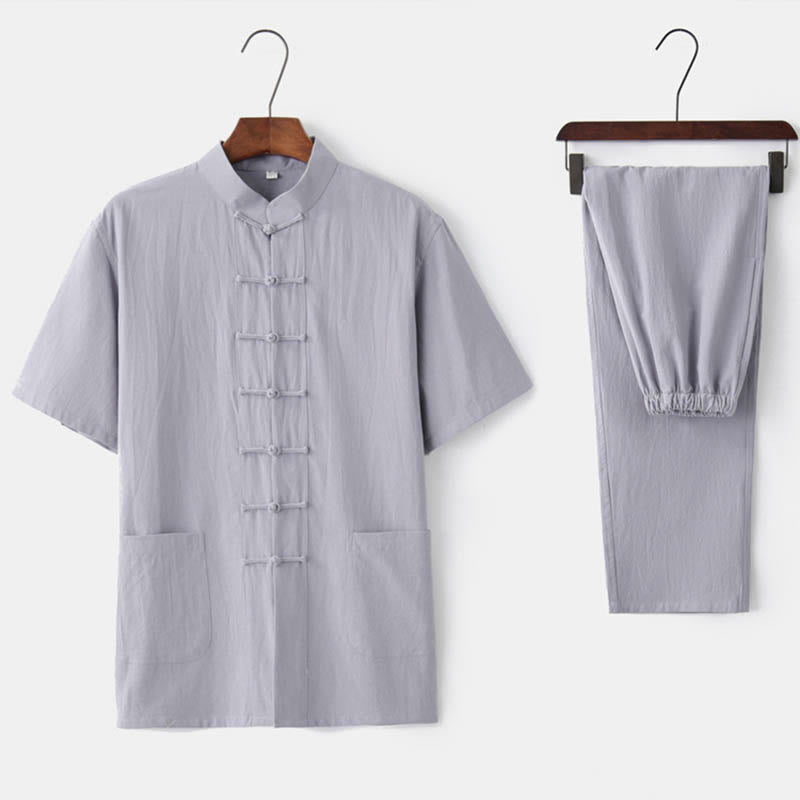 Buddha Stones無地カエルボタン唐装 伝統的な綿麻半袖トップス・パンツ メンズ服セット - グレー（トップス＆パンツ） - US/UK/AU44、 EU54 (4XL)  - image 2