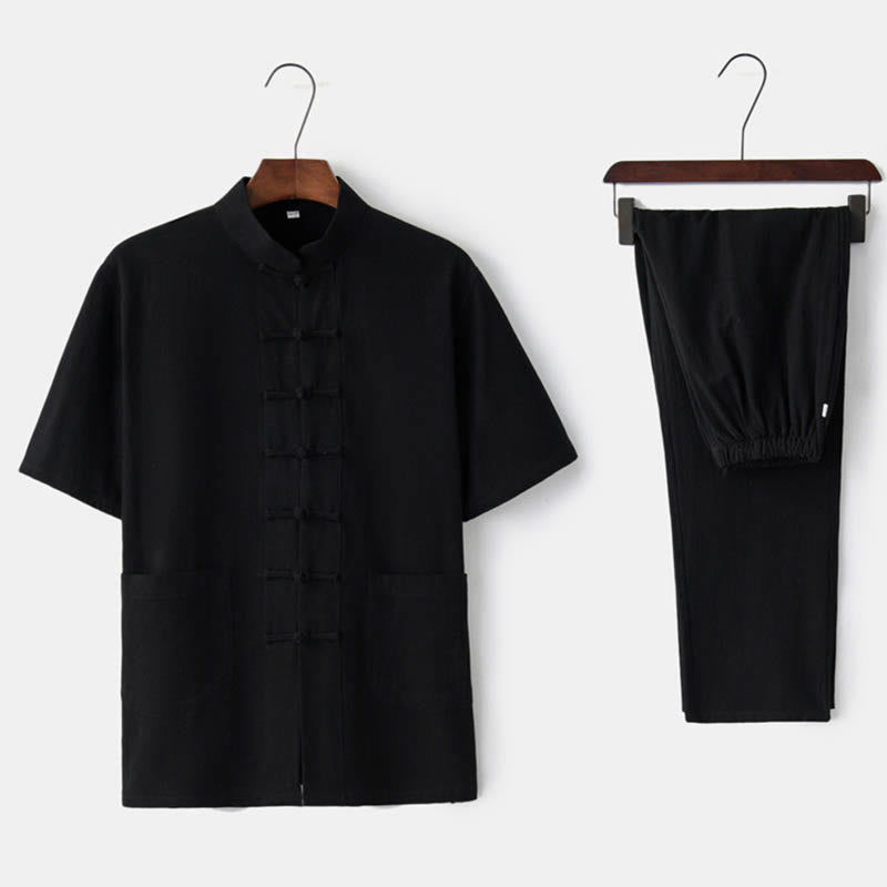 Buddha Stones無地カエルボタン唐装 伝統的な綿麻半袖トップス・パンツ メンズ服セット - 黒（トップス＆パンツ） - US/UK/AU44、 EU54 (4XL)  - image 6