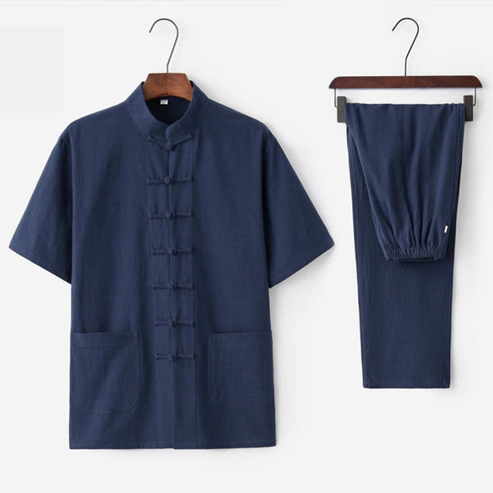 Buddha Stones無地カエルボタン唐装 伝統的な綿麻半袖トップス・パンツ メンズ服セット - ネイビーブルー（トップス＆パンツ） - US/UK/AU44、 EU54 (4XL)  - image 7