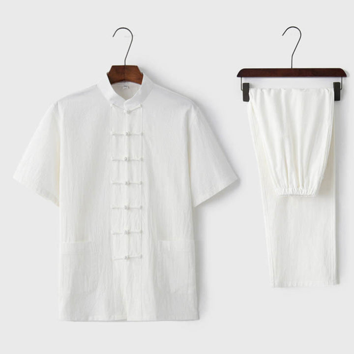 Buddha Stones無地カエルボタン唐装 伝統的な綿麻半袖トップス・パンツ メンズ服セット - ホワイト（トップス＆パンツ） - US/UK/AU44、 EU54 (4XL)  - image 5