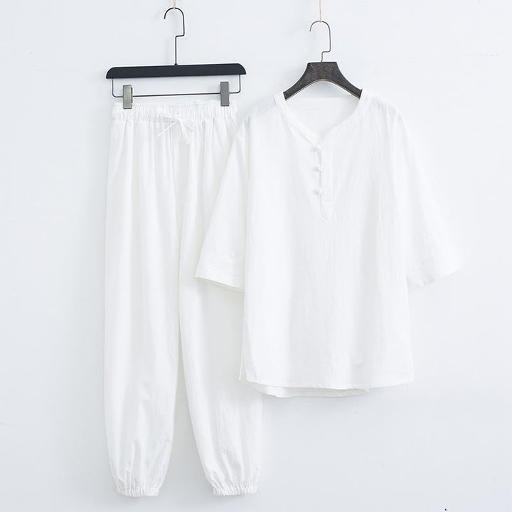 Buddha Stones無地の伝統的な半袖Tシャツとパンツのメンズ服セット - ホワイト（トップス＆パンツ） - US/UK/AU44、 EU54 (4XL) - image 8