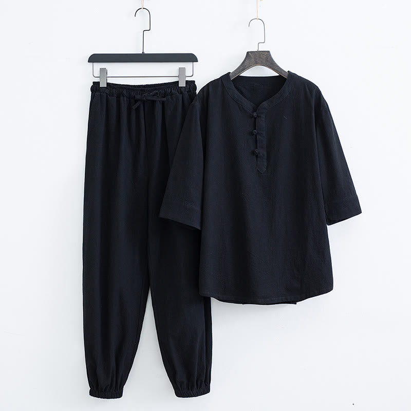 Buddha Stones無地の伝統的な半袖Tシャツとパンツのメンズ服セット - 黒（トップス＆パンツ） - US/UK/AU44、 EU54 (4XL) - image 9