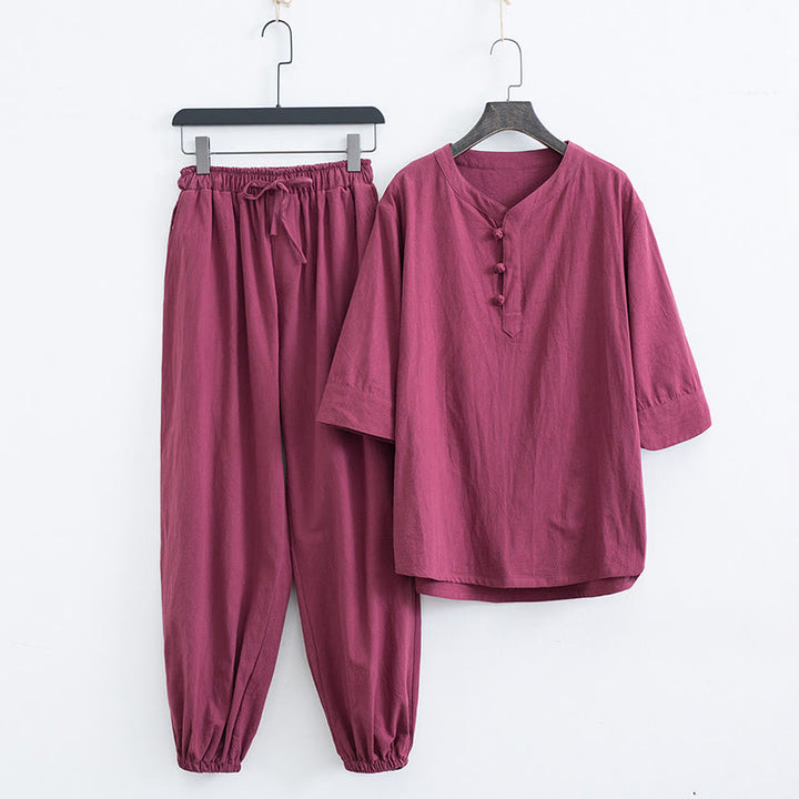 Buddha Stones無地の伝統的な半袖Tシャツとパンツのメンズ服セット - 赤（トップス＆パンツ） - US/UK/AU44、 EU54 (4XL) - image 14