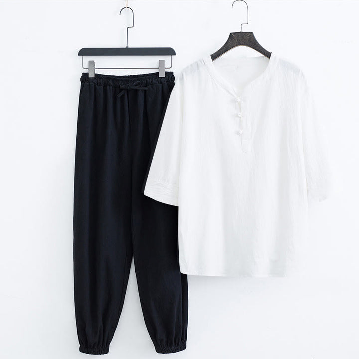 Buddha Stones無地の伝統的な半袖Tシャツとパンツのメンズ服セット - 白シャツ＆黒パンツ（トップス＆パンツ） - US/UK/AU44、 EU54 (4XL) - image 11